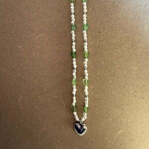 Chic Heart Pendant Necklace with Green and White Beads